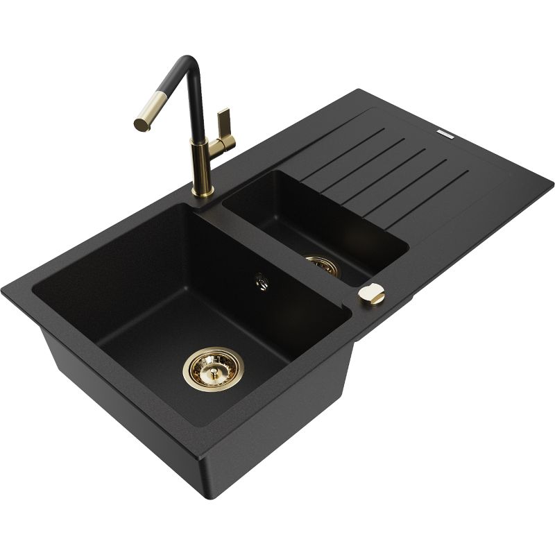 Zlewozmywak granitowy 1.5-komorowy Mexen Matias z ociekaczem i baterią kuchenną Flora czarny - 6502-77-670401-00 1 szt.