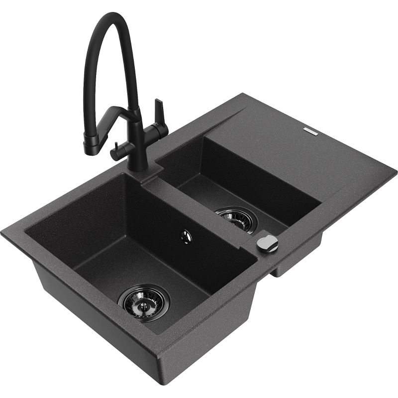 Zlewozmywak granitowy 1.5-komorowy Mexen Gaspar z ociekaczem i baterią Duo czarny nakrapiany - 6507-76-671701-07-B 1 szt.