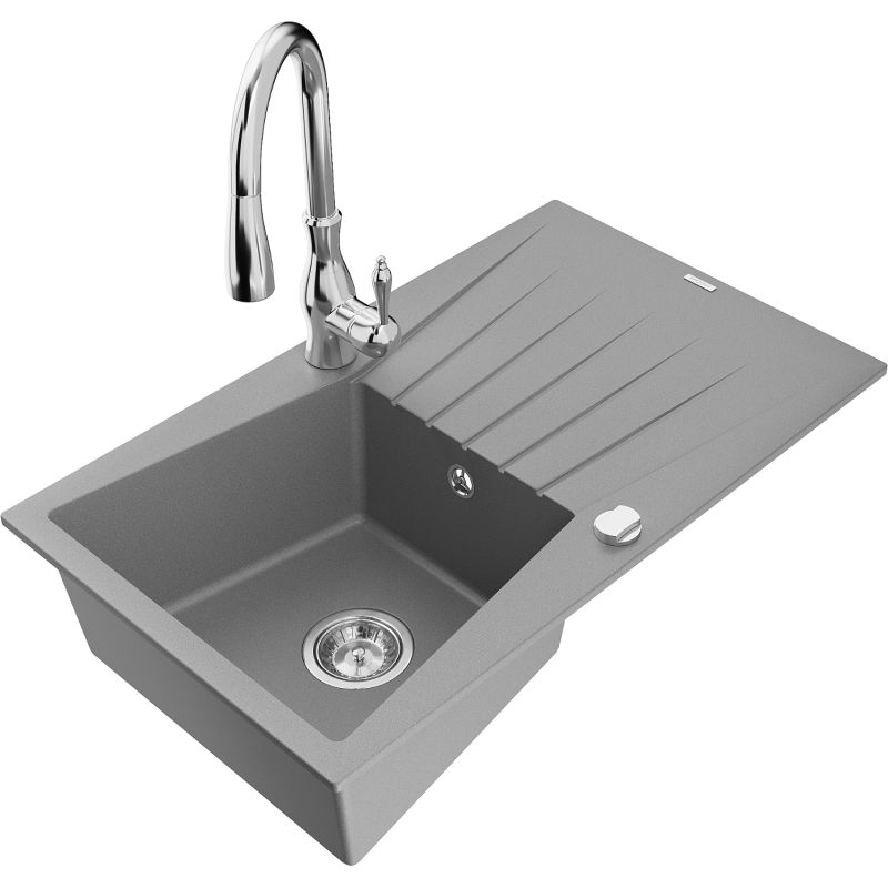 Zlewozmywak granitowy 1-komorowy Mexen Cesar z ociekaczem i baterią kuchenną Savita szary - 6514-71-672601-70 1 szt.