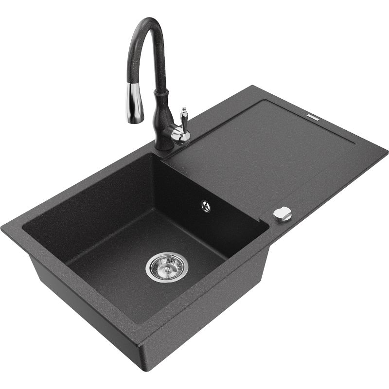 Zlewozmywak granitowy 1-komorowy Mexen Leo z ociekaczem i baterią Savita czarny/srebrny metalik - 6501-73-672601-00 1 szt.