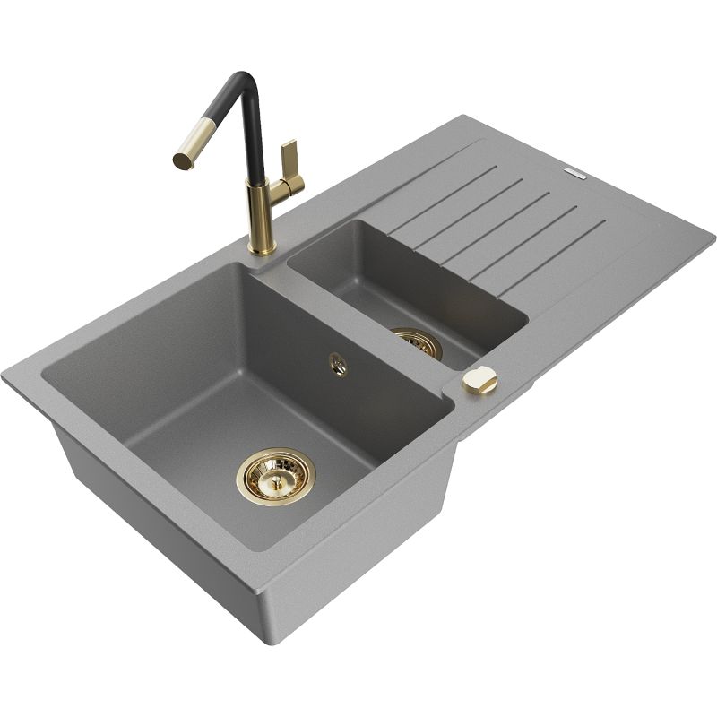 Zlewozmywak granitowy 1.5-komorowy Mexen Matias z ociekaczem i baterią kuchenną Flora szary 6502-71-670401-57-G