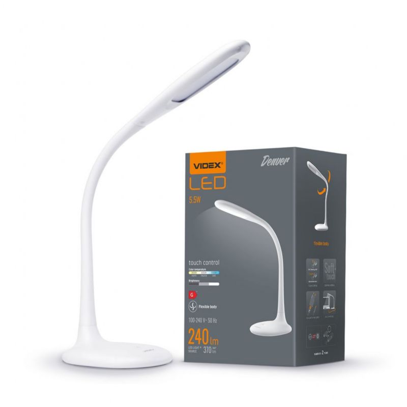 Lampa biurkowa Videx biała LED 4.5W 3000K / 4000K / 6500K 370lm IP20 wym: 60.5 x 12.5 x 17.8 cm tworzywo sztuczne - 1 szt.