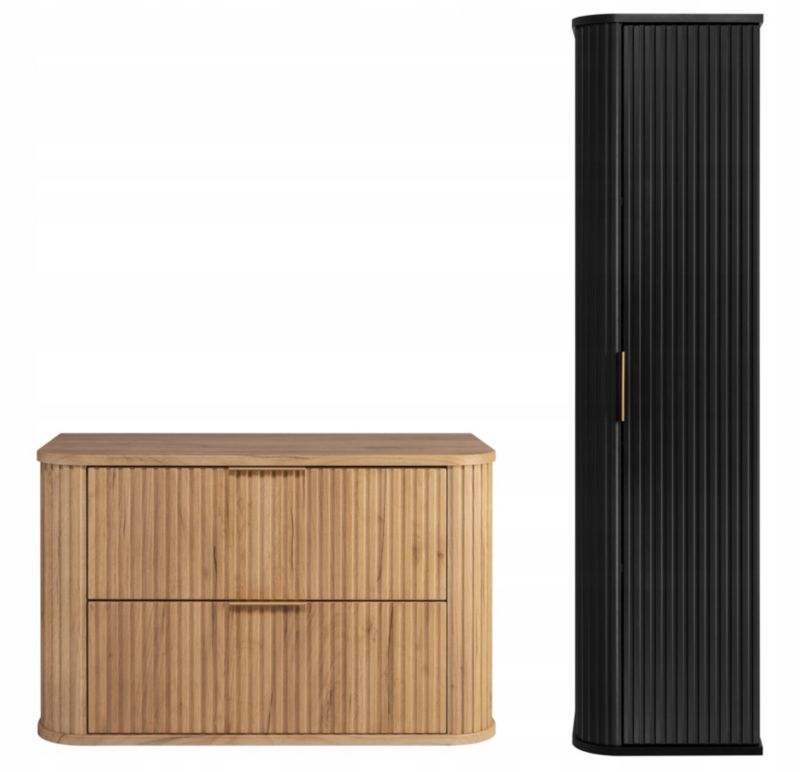 Szafka pod umywalkę i słupek Furnidea 80 cm + 139 cm dąb craft czarna ryflowany Glamour zestaw