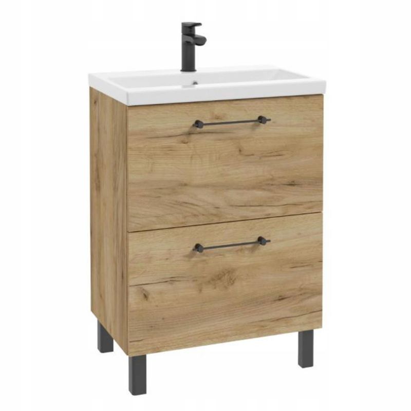 Szafka Łazienkowa Stamar z Umywalką 500x400mm Dąb Craft 2 Szuflady Stojąca Cichy Domyk 1 szt