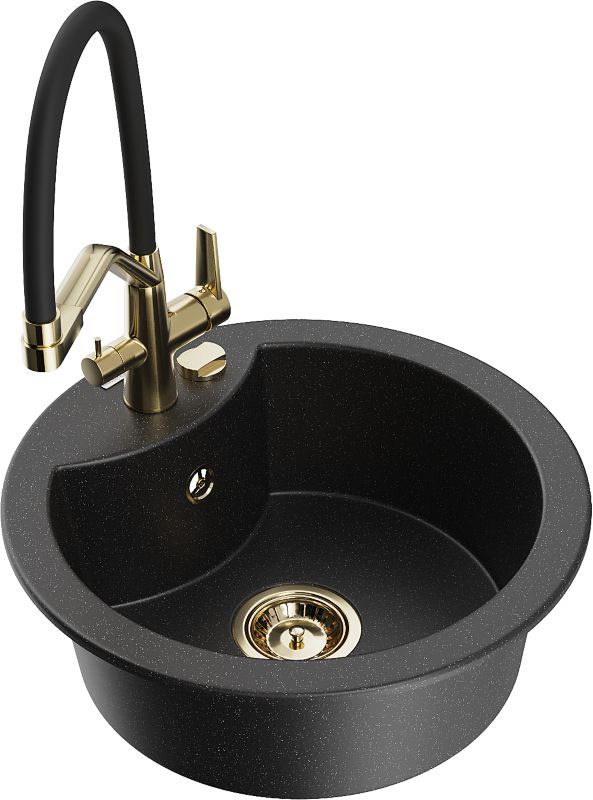 Zlewozmywak granitowy Mexen Diego 1-komorowy z baterią kuchenną Duo czarny/srebrny 6512-73-671701-57-G