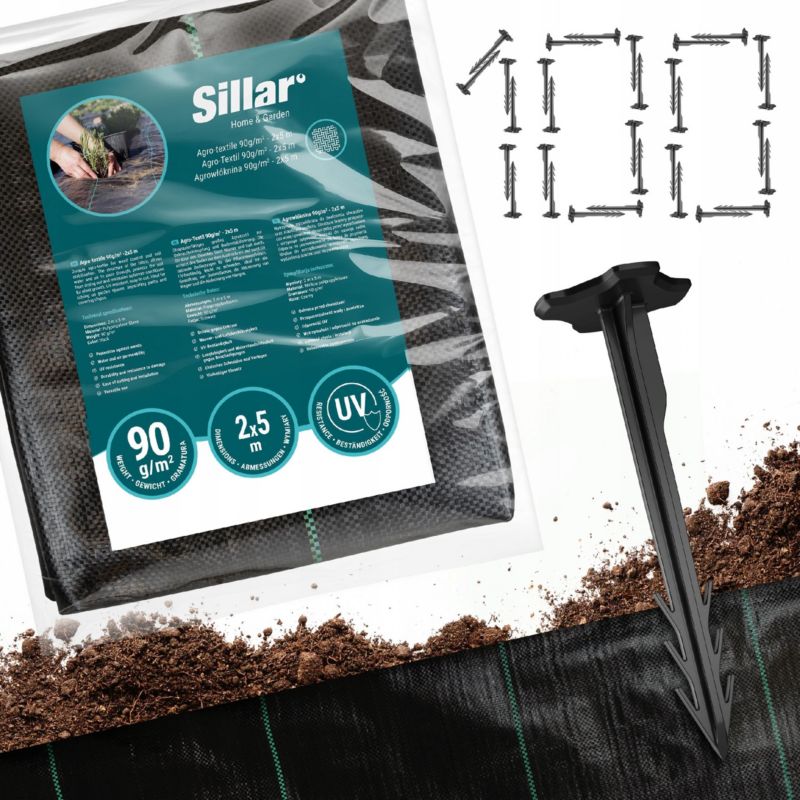 Agrotkanina, Sillar, antychwastowa, 90g/m2, 2x5m + Kotwy gruntowe, 100szt, 12cm, zestaw, 2szt