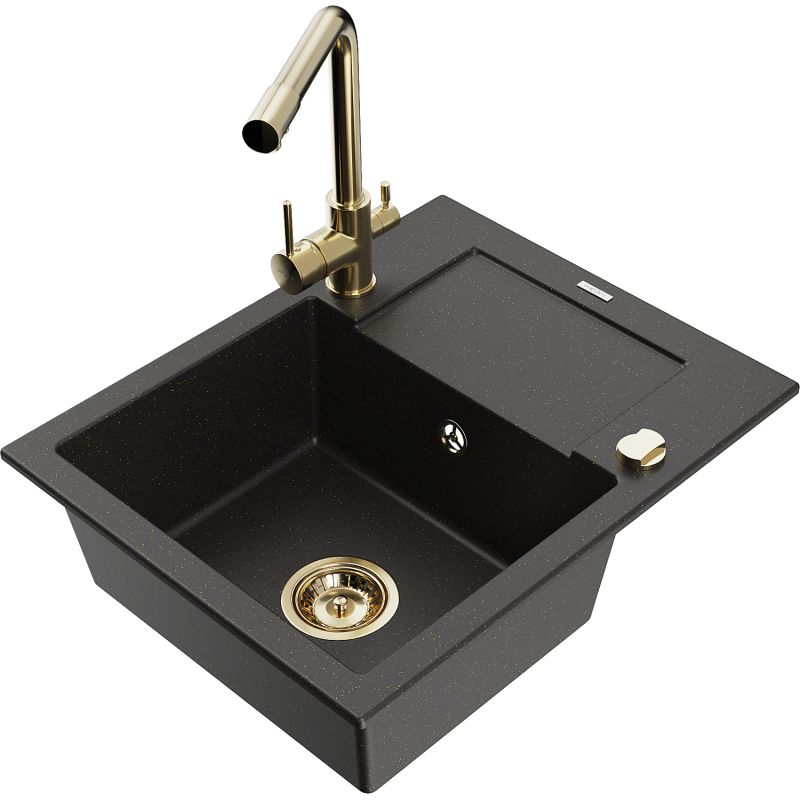 Zlewozmywak granitowy 1-komorowy Mexen Enzo z ociekaczem i baterią kuchenną Duero czarny/złoty metalik 6506-75-671600-50
