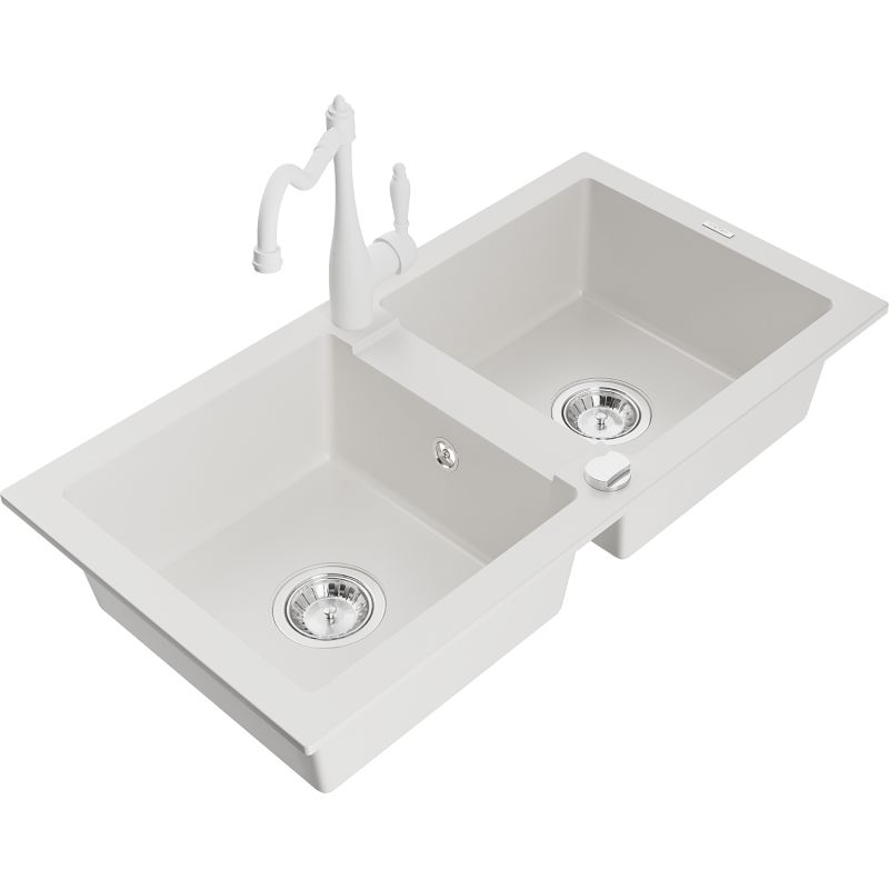 Zlewozmywak granitowy 2-komorowy Mexen Mario z baterią kuchenną Carla biały 6504-20-670700-20