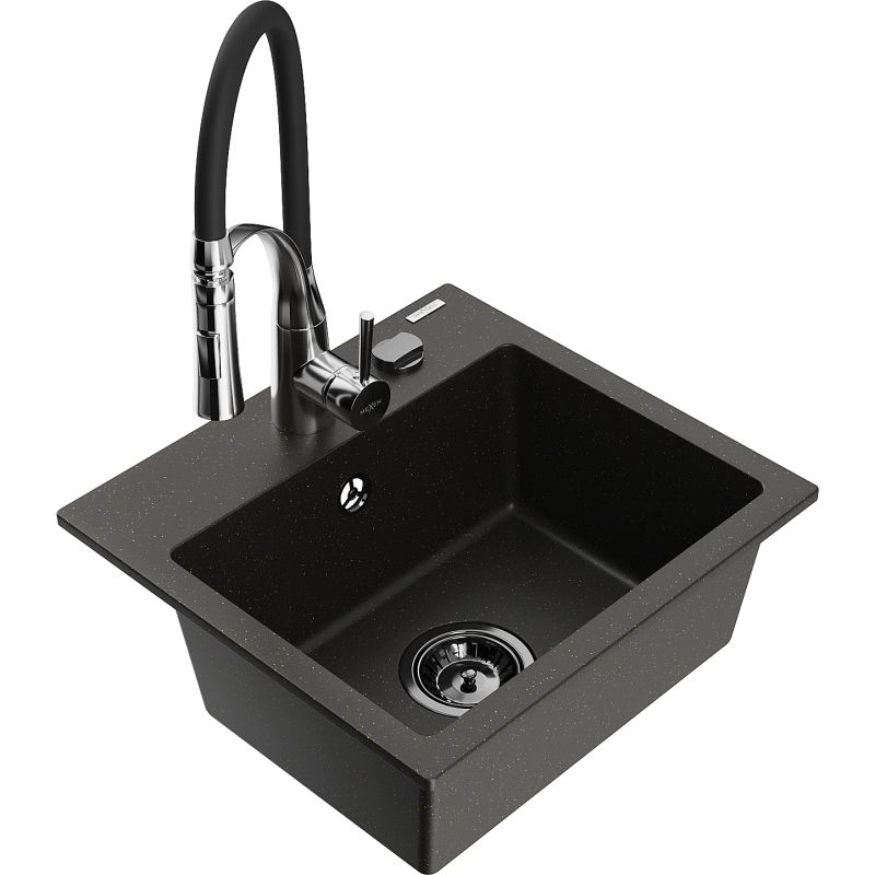 Zlewozmywak granitowy 1-komorowy Mexen Milo z baterią kuchenną Aster czarny/złoty metalik 6505-75-73450-07-B