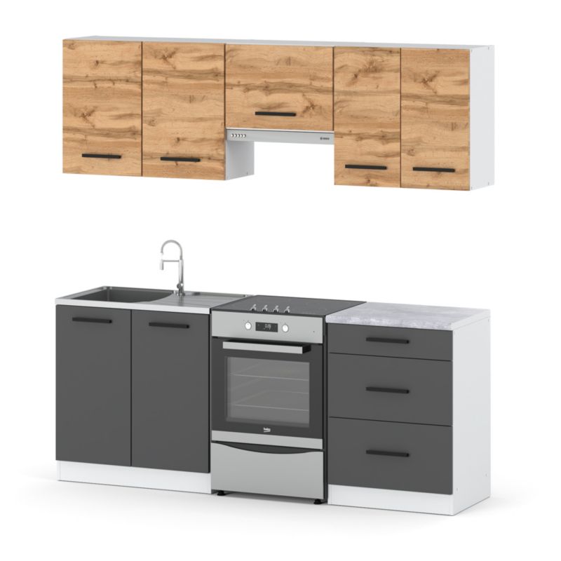 Zestaw Kuchenny Hurtownia-Mebli Z Blatem Kuchnia Mini Mokka Plus 200cm Biały Mat Dąb Wotan/Szary Mat 200x47x145 cm 1szt.