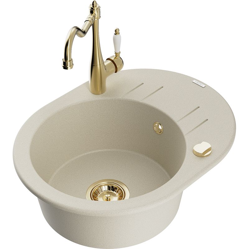 Zlewozmywak granitowy 1-komorowy Mexen Kevin z ociekaczem i baterią kuchenną Carla beżowy 6517-69-670700-50