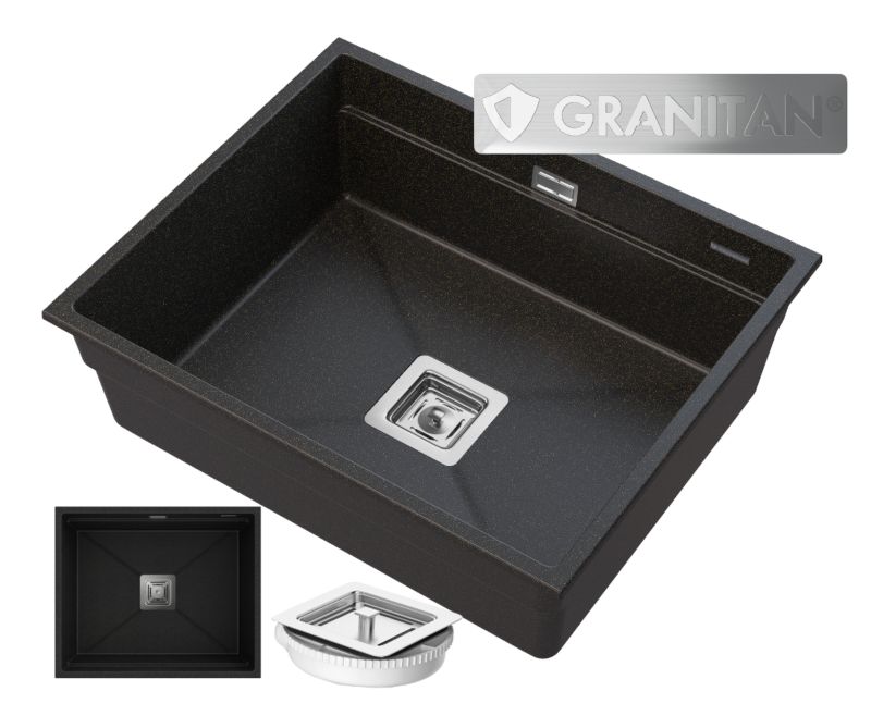 Zlewozmywak Podwieszany Granitowy Jednokomorowy Granitan Epir 60 Czarny Z Drobinkami Złotego Syfon Kwadratowy 1 kpl.