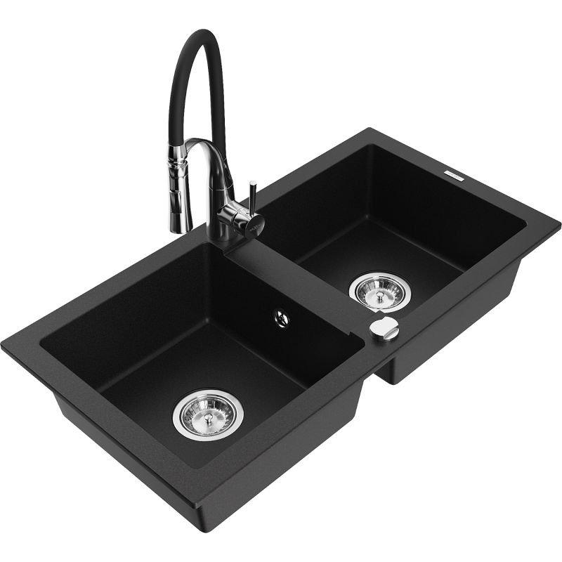 Zlewozmywak granitowy 2-komorowy Mexen Mario z baterią kuchenną Aster czarny - 6504-77-73450-70-B 1 szt.
