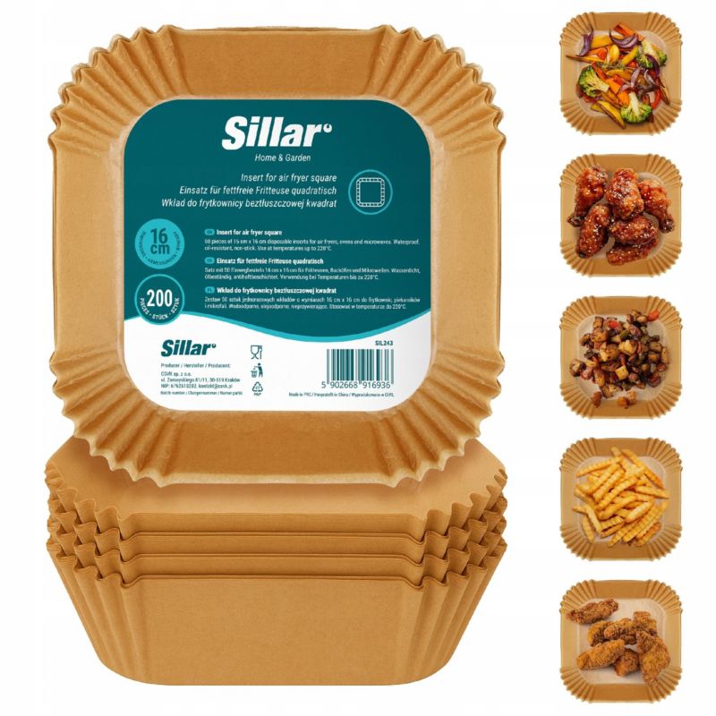 Papier do pieczenia, Sillar, do Air Fryer, frytkownicy, piekarnika, wkład, nieprzywierający, 16x16cm, kwadratowy, 200szt