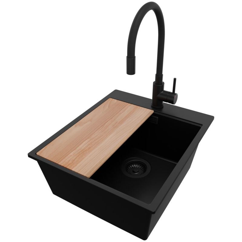 Zlewozmywak Granitowy Oslo PRIMAGRAN Nablatowy 43x50cm do szafki od 45cm, Cały Czarny + Bateria + Syfon + Deska, S210, 1 szt.