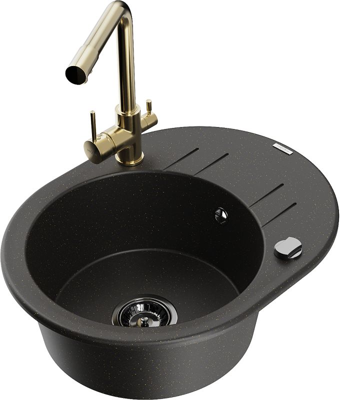 Zlewozmywak granitowy Mexen Kevin 1-komorowy z ociekaczem i baterią kuchenną Duero czarny/złoty 6517-75-671600-50-B