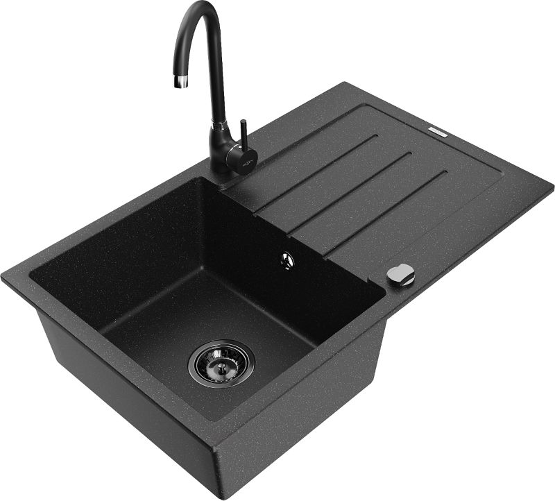 Zlewozmywak granitowy Mexen Bruno 1-komorowy z ociekaczem i baterią kuchenną Telma czarny/srebrny 6513-73-670200-70-B
