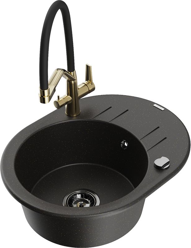 Zlewozmywak granitowy Mexen Kevin 1-komorowy z baterią kuchenną Duo czarny/złoty 6517-75-671701-57-B