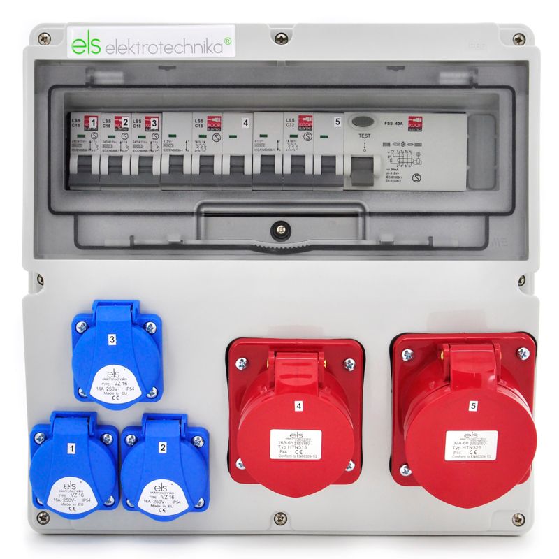 Rozdzielnica elektryczna ELS Elektrotechnika 14NO33C11C11CF siłowa 16A/32A 5P IP44 3x230V z zabezpieczeniami, 1 szt.