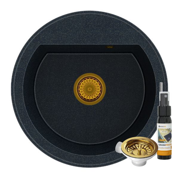 Zlewozmywak Granitowy Okrągły Kuchenny Jednokomorowy Granitan Arno Złoty Syfon Złoty 1 kpl.