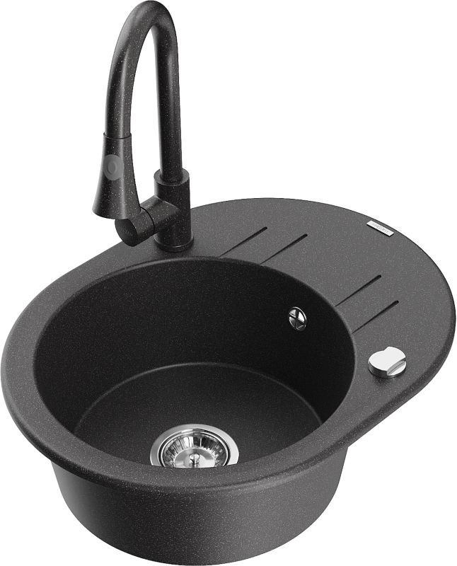 Zlewozmywak granitowy Mexen Kevin 1-komorowy z ociekaczem i baterią kuchenną Elia czarny/złoty - 6517-75-670101-70-B 1 szt.