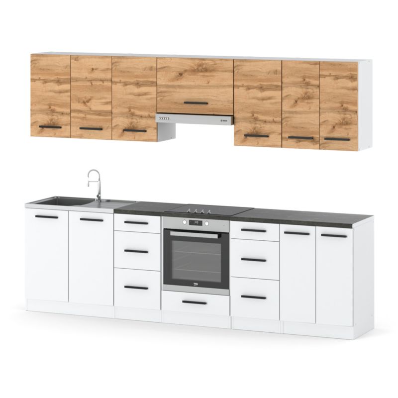 Zestaw Kuchenny Hurtownia-Mebli Z Blatem Kuchnia Roma 280cm Biały Mat Dąb Wotan/Biały Mat 280x47x145 cm 1szt.