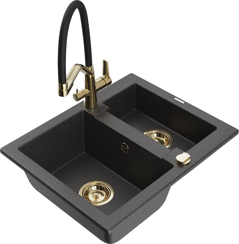 Zlewozmywak granitowy Mexen Carlos 1,5-komorowy z baterią kuchenną Duo czarny 6518-76-671701-57-G