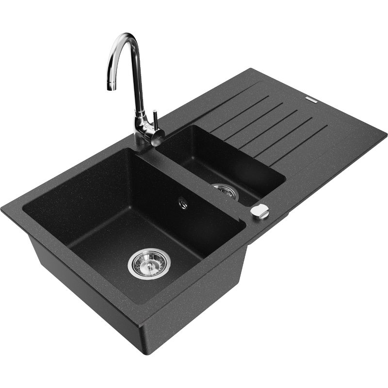Zlewozmywak granitowy 1.5-komorowy Mexen Matias z ociekaczem i baterią kuchenną Telma czarny/srebrny 6502-73-670200-00