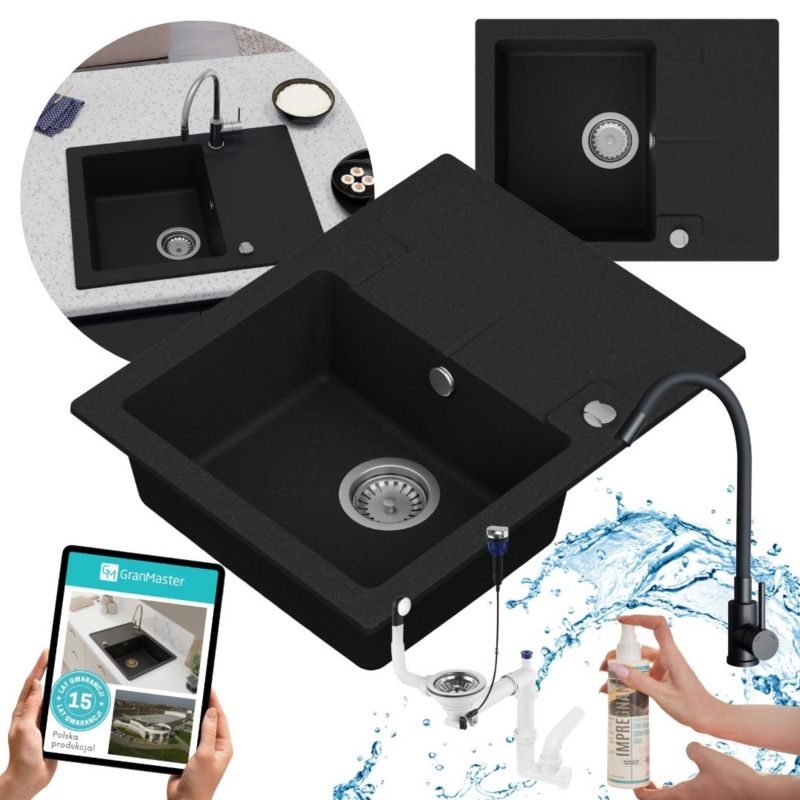 Zestaw zlewozmywak kuchenny GranMaster Caro 1-komorowy z ociekaczem, baterią i impregnatem, czarny metalik 1szt.