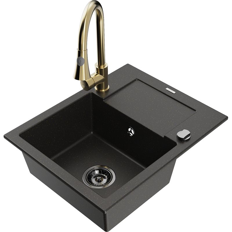 Zlewozmywak granitowy 1-komorowy Mexen Enzo z ociekaczem i baterią kuchenną Elia czarny/złoty metalik 6506-75-670101-50-B