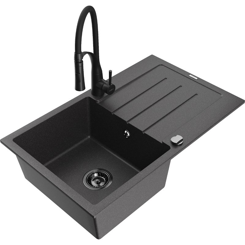 Zlewozmywak granitowy 1-komorowy Mexen Bruno z ociekaczem i baterią Aster czarny/złoty metalik - 6513-75-73450-70-B 1 szt.