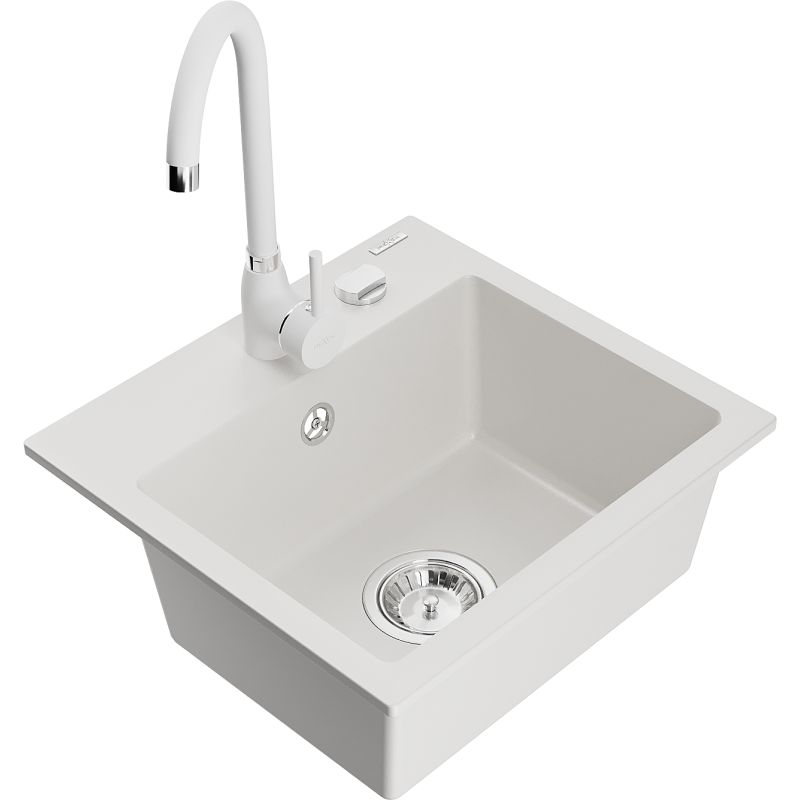 Zlewozmywak granitowy 1-komorowy Mexen Milo z baterią kuchenną Telma biały 6505-20-670200-20