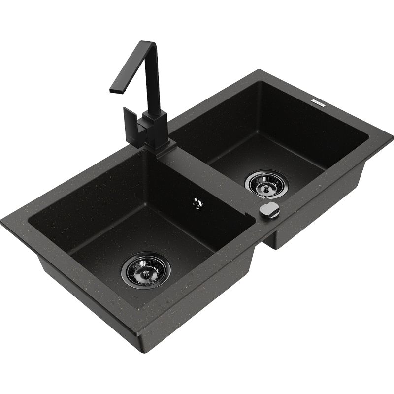 Zlewozmywak granitowy 2-komorowy Mexen Mario z baterią kuchenną Rita czarny/złoty metalik - 6504-75-670300-70 1 szt.