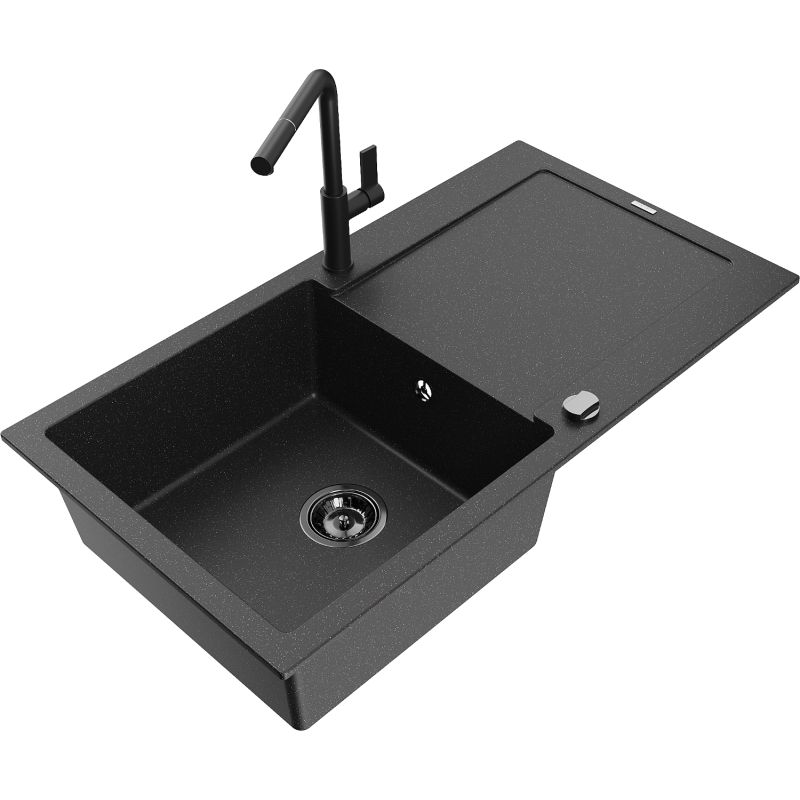 Zlewozmywak granitowy 1-komorowy Mexen Leo z ociekaczem i baterią kuchenną Flora szary - 6501-71-670401-70-B 1 szt.