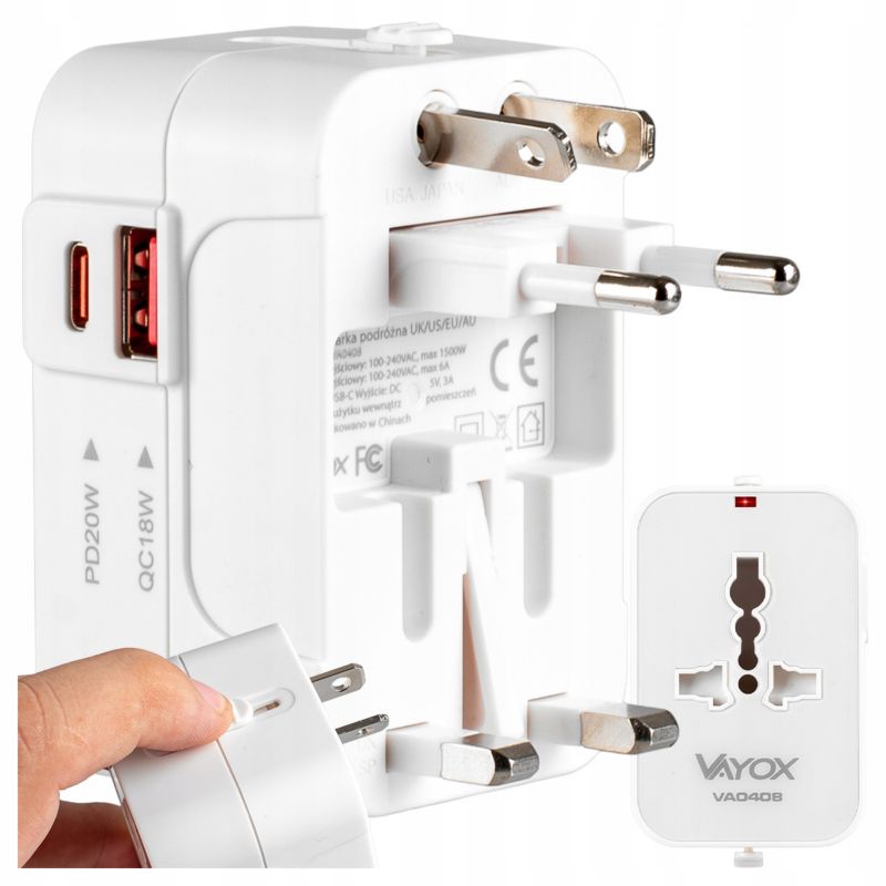 Adapter podróżny Vayox VA0408 przejściówka UK/USA/EU/AU cały świat USB QC 18W USB-C PD 20W 1 szt.