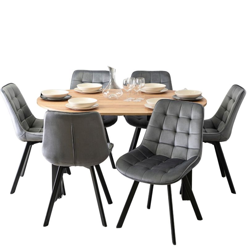 Zestaw Mebel Elite Stół Okrągły Rozkładany z Krzesło 6x Tapicerowane Szare Welurowe 1 szt