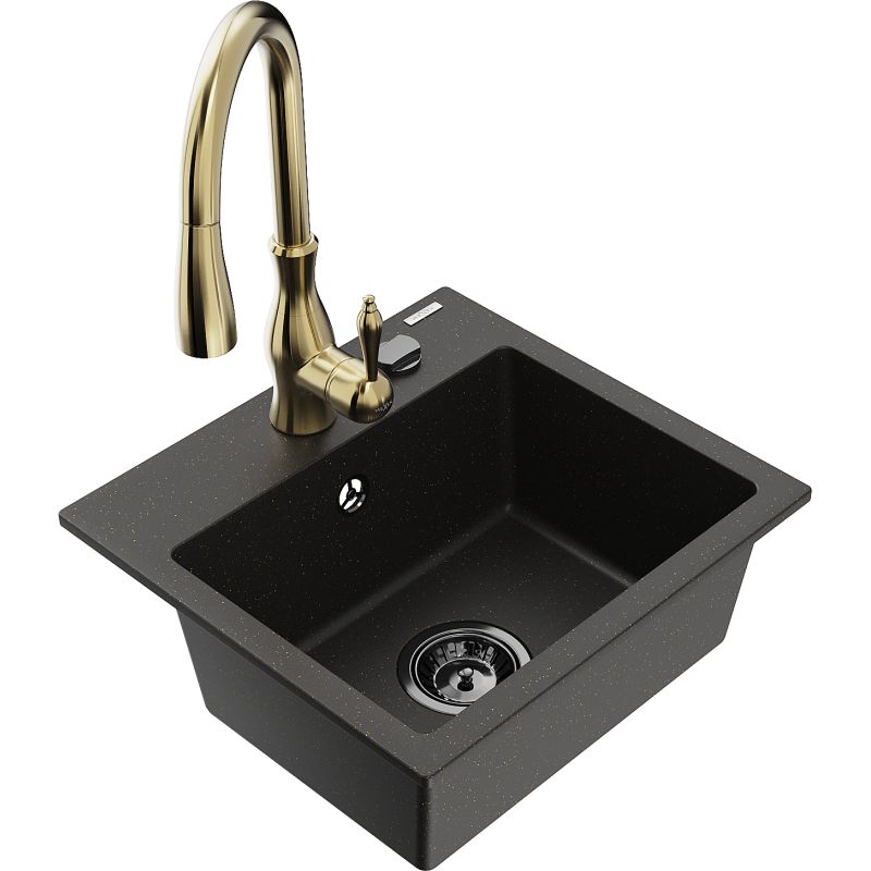 Zlewozmywak granitowy 1-komorowy Mexen Milo z baterią kuchenną Savita czarny/złoty metalik 6505-75-672601-50-B