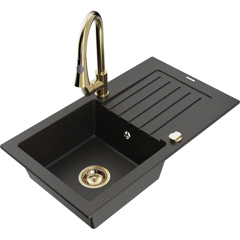 Zlewozmywak granitowy 1-komorowy Mexen Pablo z ociekaczem i baterią kuchenną Elia czarny/złoty metalik 6510-75-670101-50
