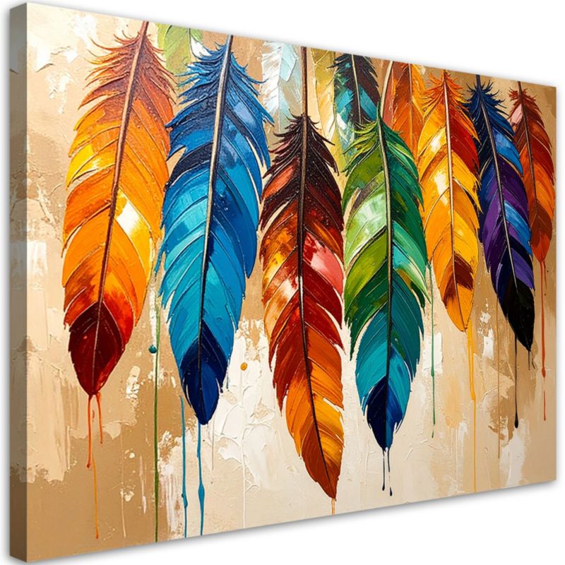 Obraz nowoczesny do salonu Feeby Kolorowe Pióra efekt farby beżowy 120x80cm 1szt