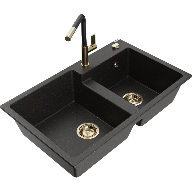 Zlewozmywak granitowy 2-komorowy Mexen Tomas z baterią kuchenną Flora czarny/złoty metalik - 6516-75-670401-57-B 1 szt.