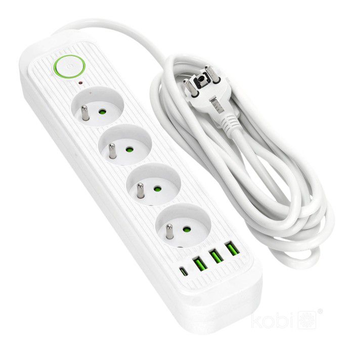 Przedłużacz 4gn+usb 3m Kobi biały 1szt.