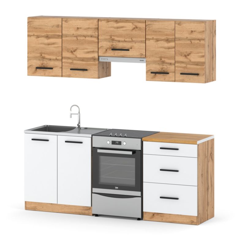 Zestaw Kuchenny Hurtownia-Mebli Z Blatem Kuchnia Mini Mokka Plus 200cm Dąb Wotan Dąb Wotan/Biały Mat 200x47x145 cm 1szt.