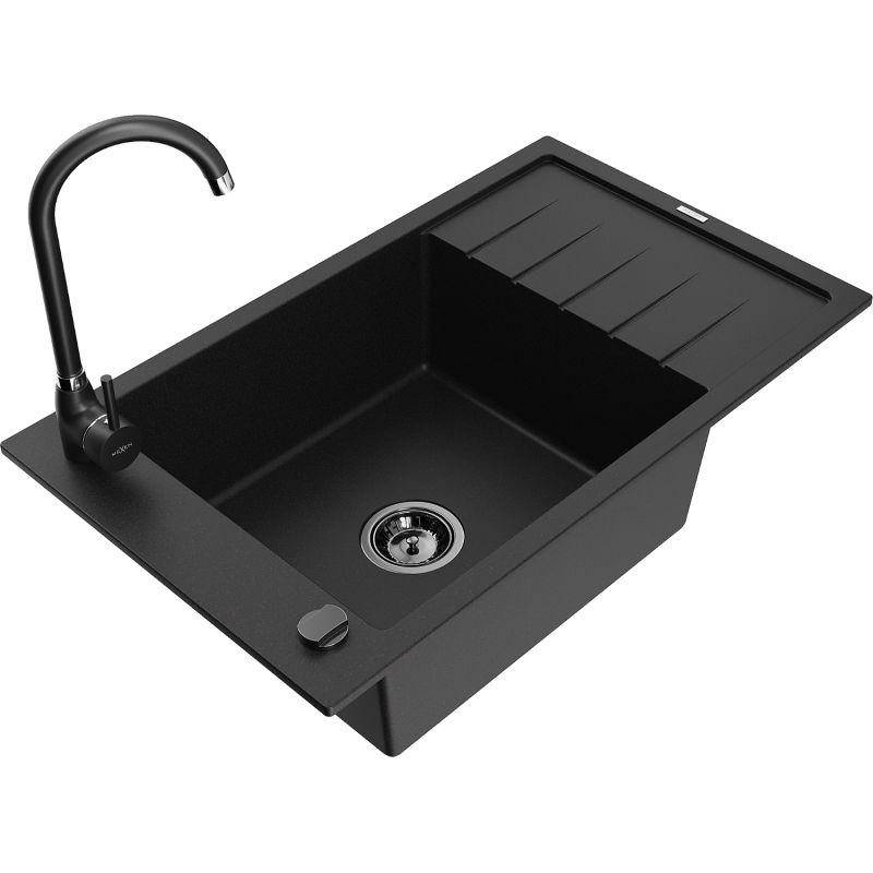 Zlewozmywak granitowy 1-komorowy Mexen Elias z ociekaczem i baterią kuchenną Telma czarny 6511-77-670200-70-B