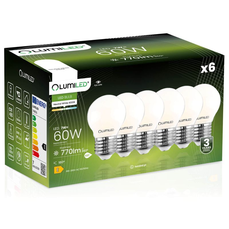 Żarówka LED LUMILED E27 P45 7W 806lm 4000K 360st FILAMENT 6 szt.