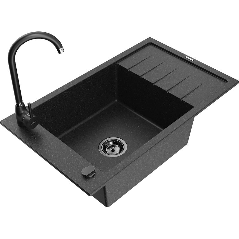 Zlewozmywak granitowy 1-komorowy Mexen Elias z ociekaczem i baterią kuchenną Telma czarny/srebrny 6511-73-670200-70-B