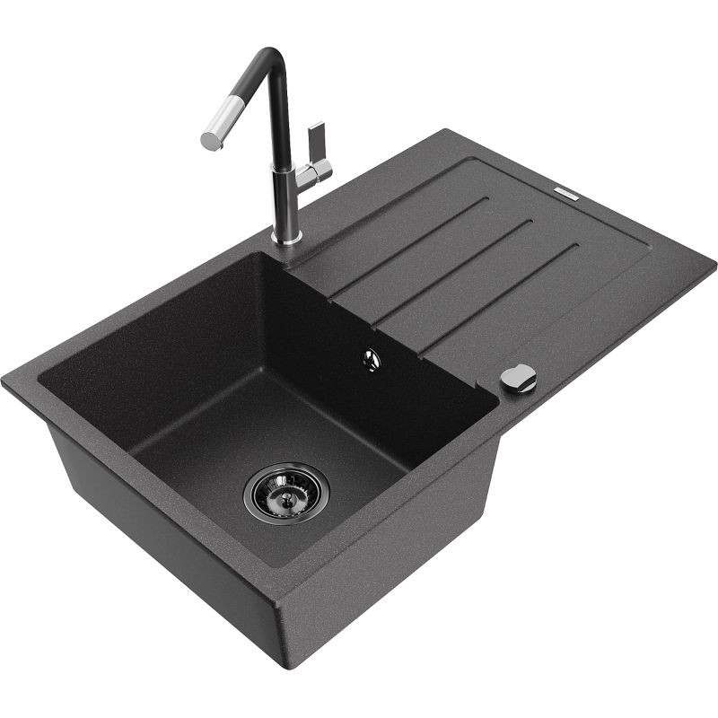 Zlewozmywak granitowy 1-komorowy Mexen Bruno z ociekaczem i baterią kuchenną Flora czarny nakrapiany 6513-76-670401-07-B