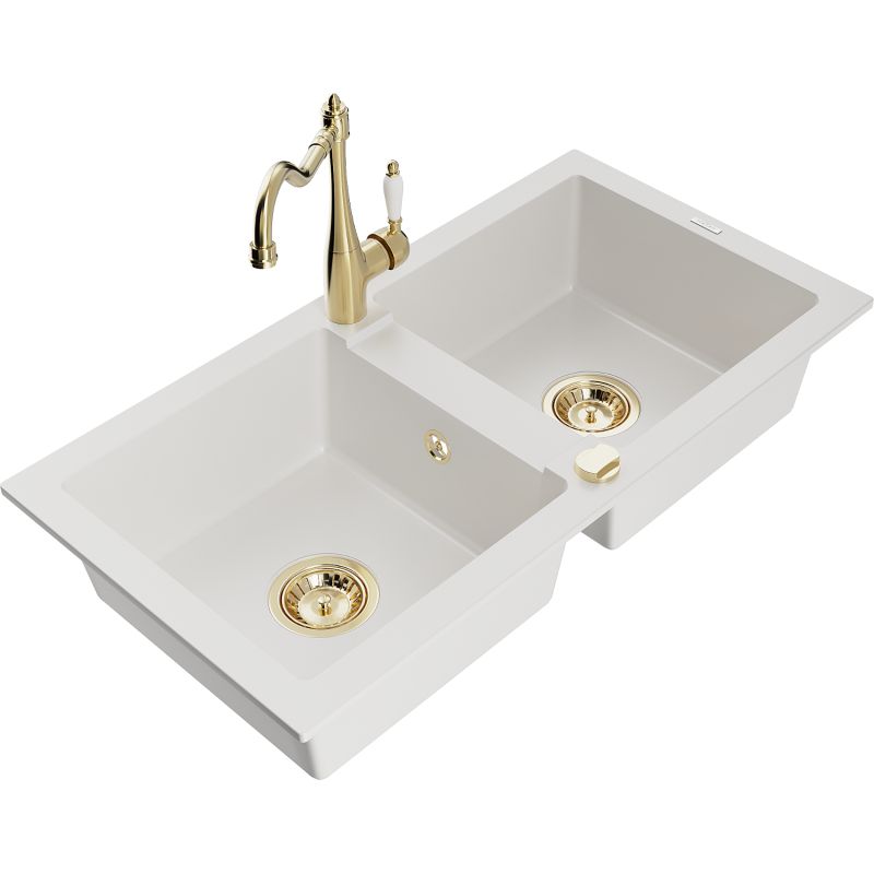 Zlewozmywak granitowy 2-komorowy Mexen Mario z baterią kuchenną Carla biały 6504-20-670700-50