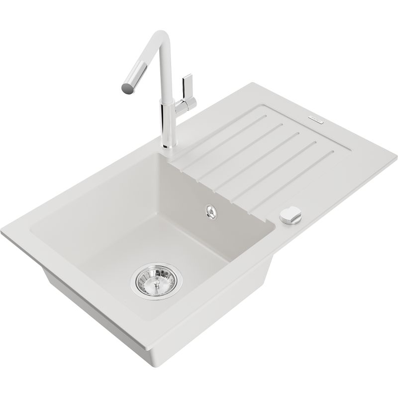 Zlewozmywak granitowy 1-komorowy Mexen Pablo z ociekaczem i baterią kuchenną Flora biały 6510-20-670401-02