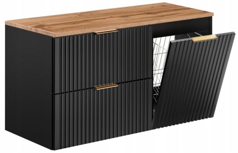Szafka pod umywalkę Furnidea 100 cm czarna ryflowana z koszem na pranie blat dąb wotan Adel 1 szt.