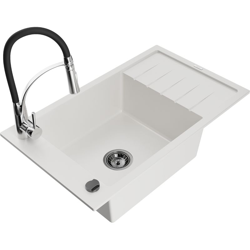 Zlewozmywak granitowy 1-komorowy Mexen Elias z ociekaczem i baterią kuchenną Aster biały 6511-20-73450-07-B